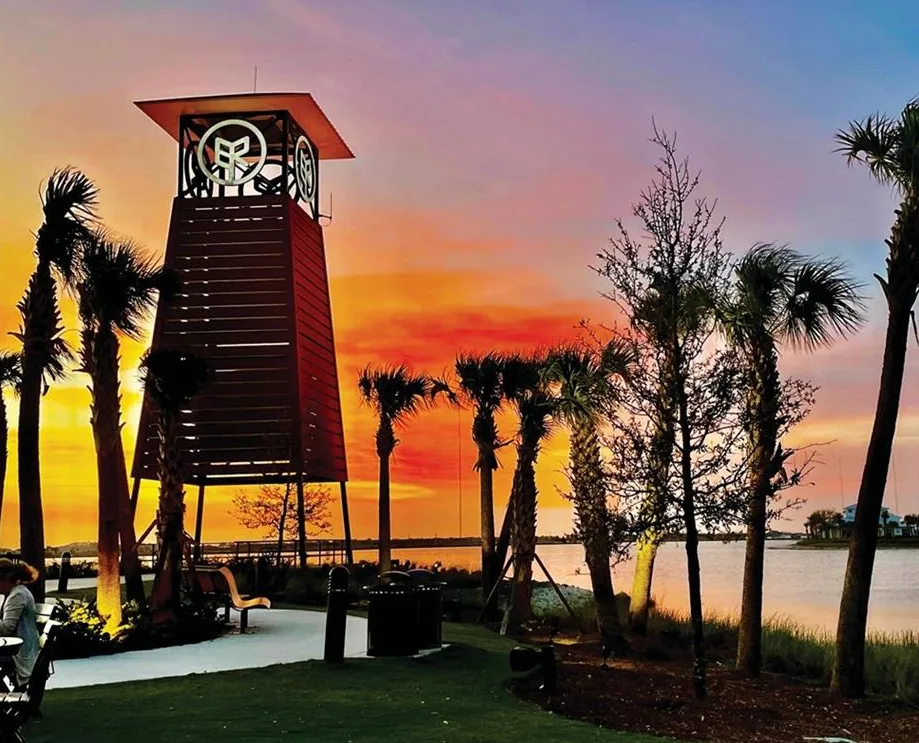 Town center tower at sunset in Babcock Ranch
