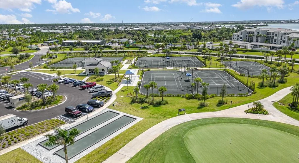 Aerial of the tennis courts, bocce courts and putting green at Babcock National