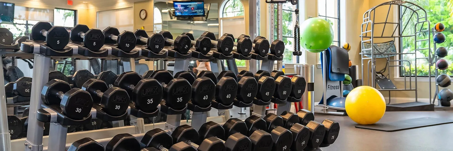 Free weights in the Bonita National fitness center.
