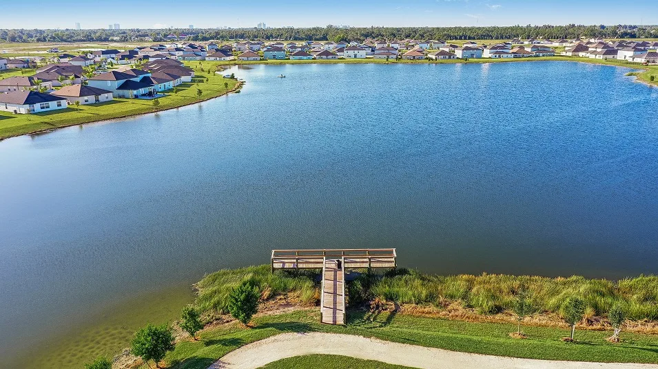 Aerial of the lake and fishing dock at Crane Landing, North Fort Myers (official Lennar site).