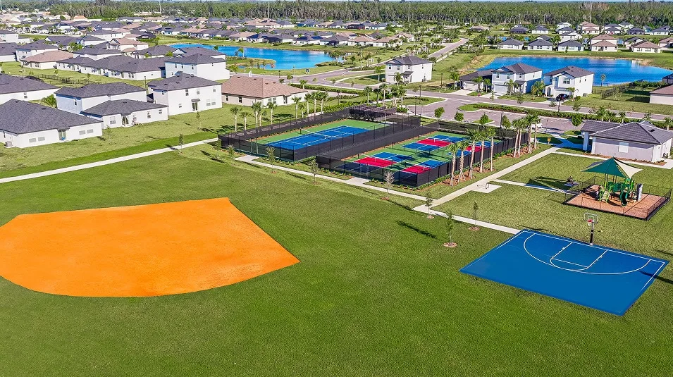Aerial of the sports courts and ball field at Crane Landing, North Fort Myers (official Lennar site).