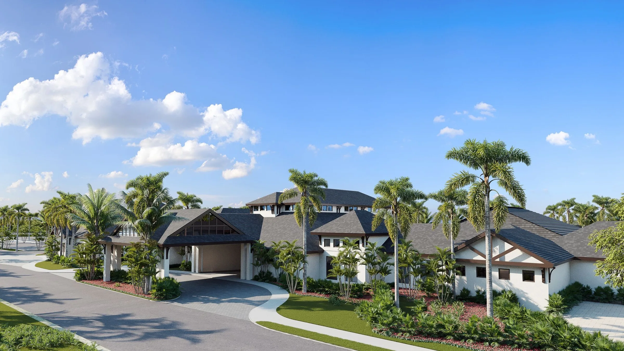 Amenity clubhouse exterior at Caymas, Naples (official developer site).