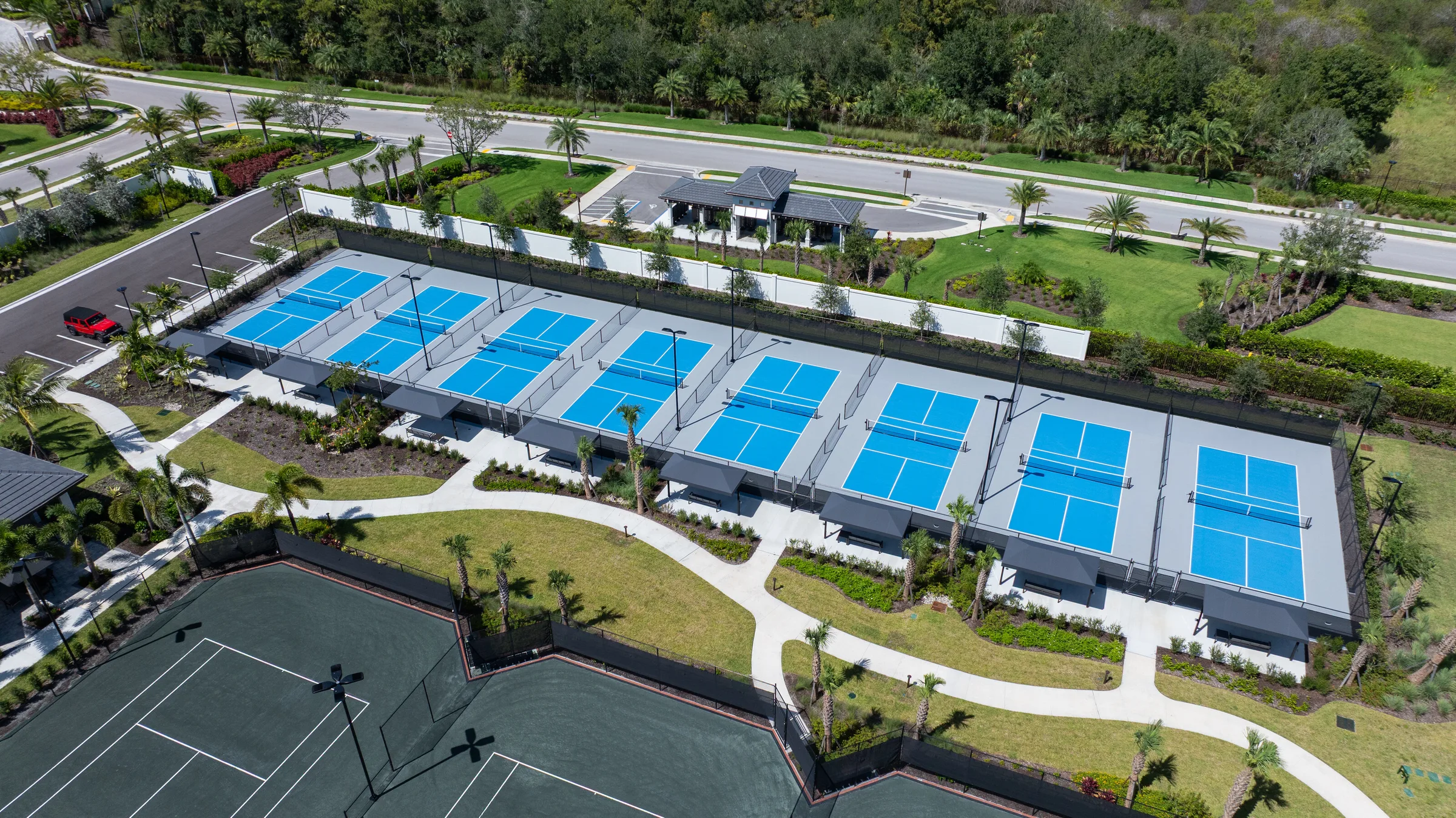 Aerial view of the pickleball courts at the Caymas Sports Center, Naples.