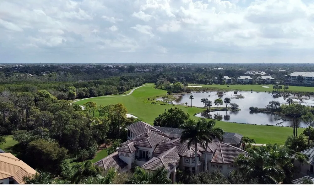 Aerial view of homes, lakes and golf at Bonita Bay.
