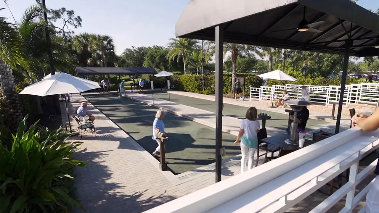 Covered bocce courts at Shadow Wood Country Club, Estero (official club site).