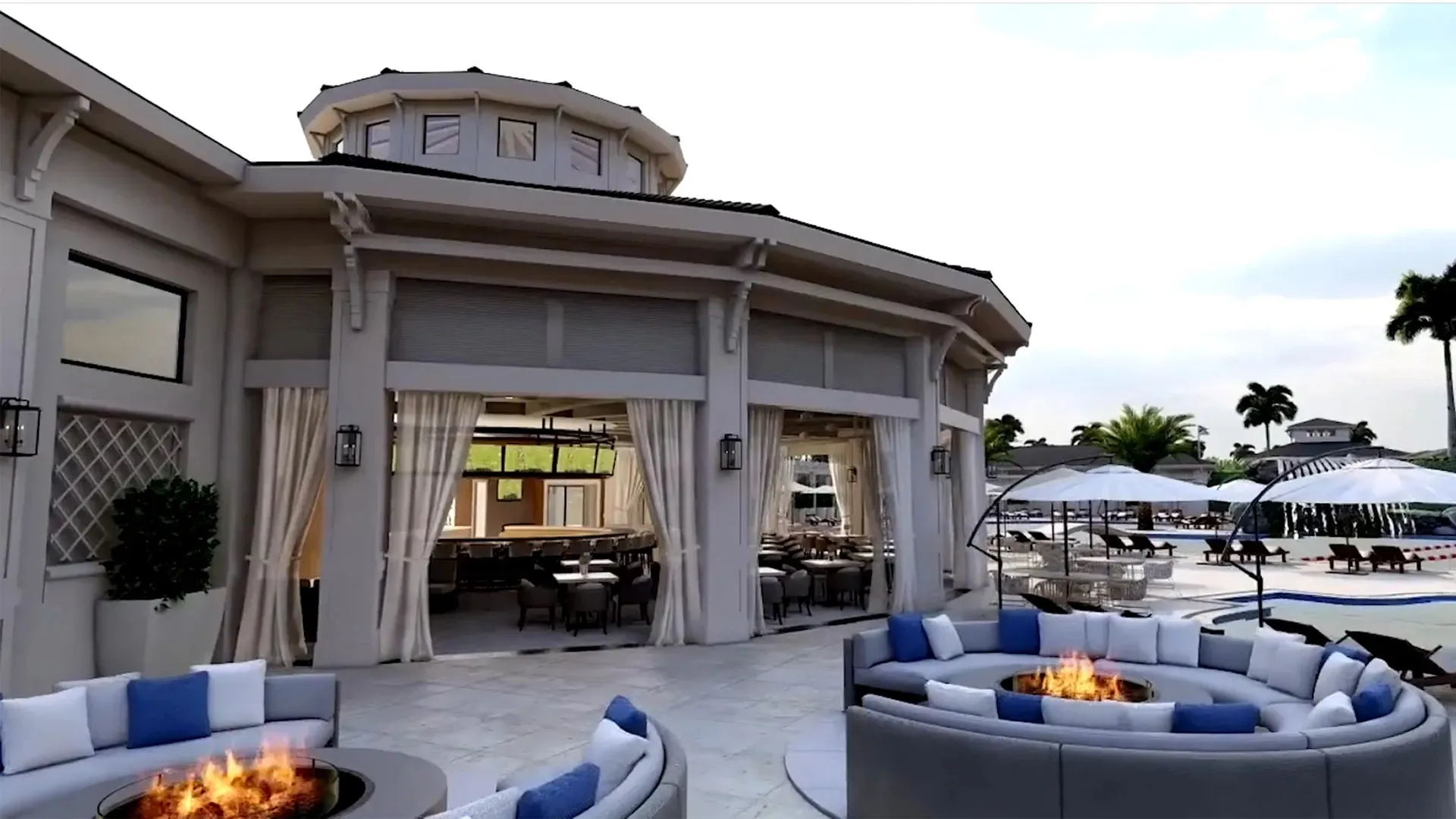 Poolside dining terrace with fire pits at Shadow Wood Country Club, Estero (official club site).