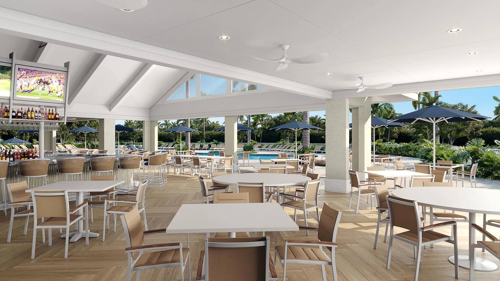 Casual poolside dining room at Highland Woods, Bonita Springs (official club site).