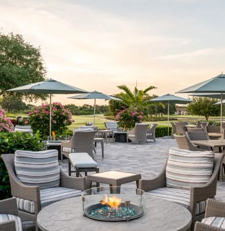 Highland Woods clubhouse patio overlooking the golf course