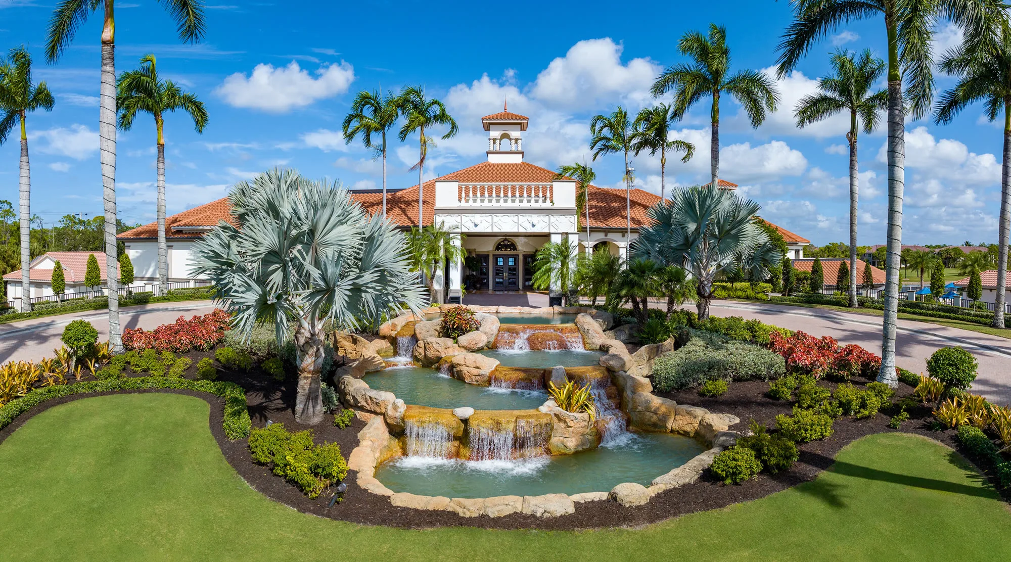 Vasari Country Club clubhouse and waterfall