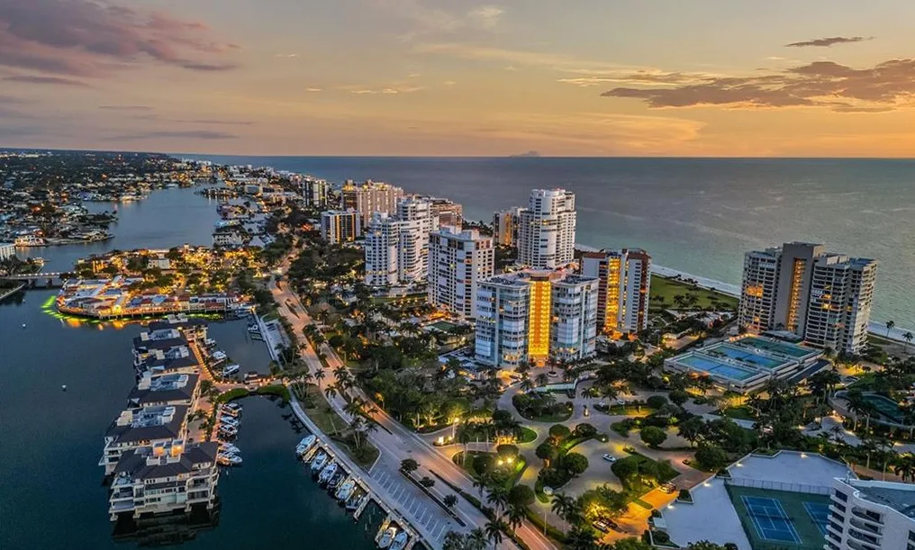 Park Shore at sunset, aerial view over Venetian Bay and the Gulf