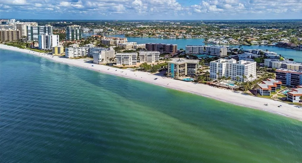 The Moorings beachfront aerial with the Gulf and Moorings Bay