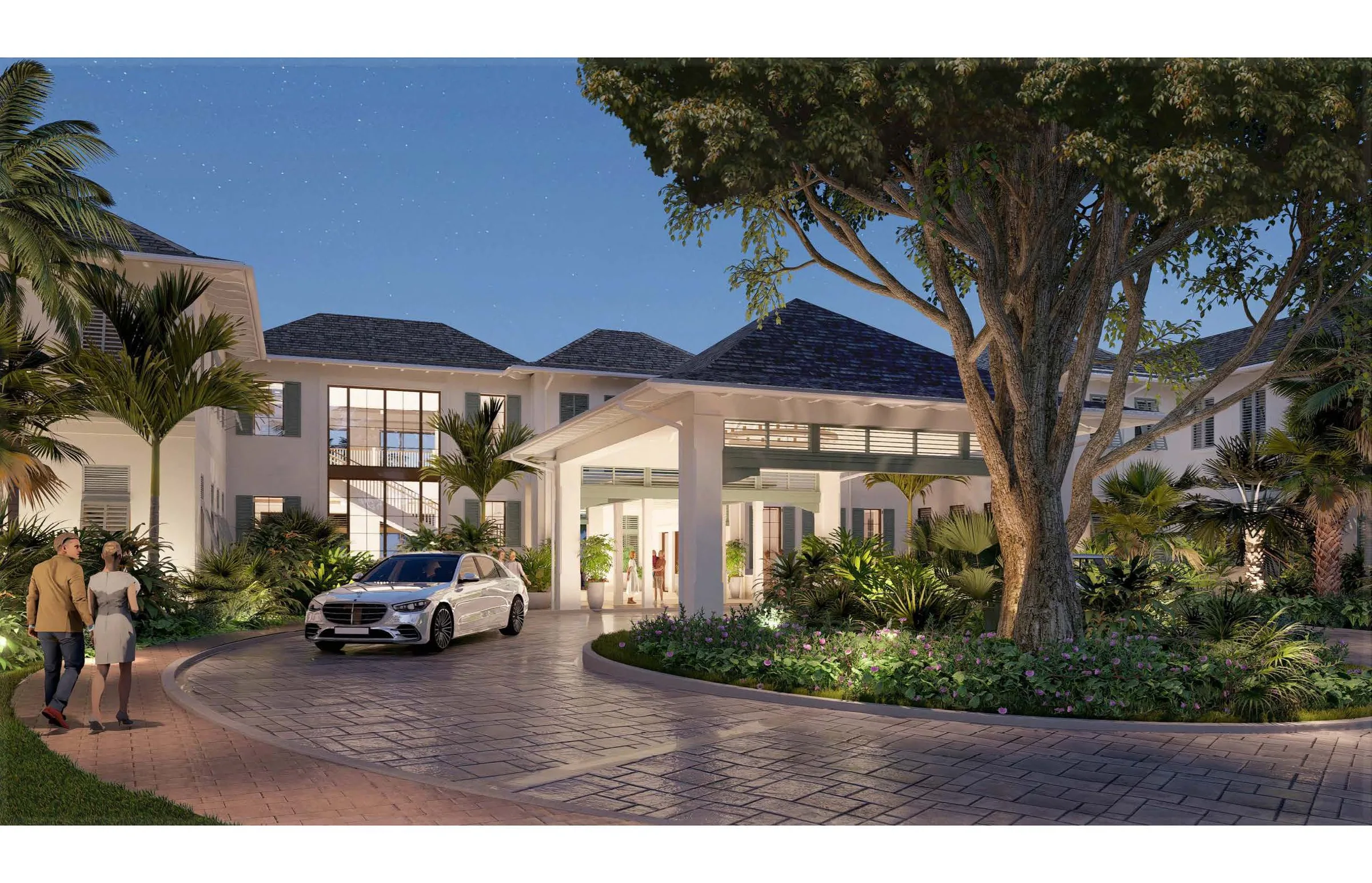 Clubhouse entrance at dusk rendering, Port Royal Club (official club rendering).