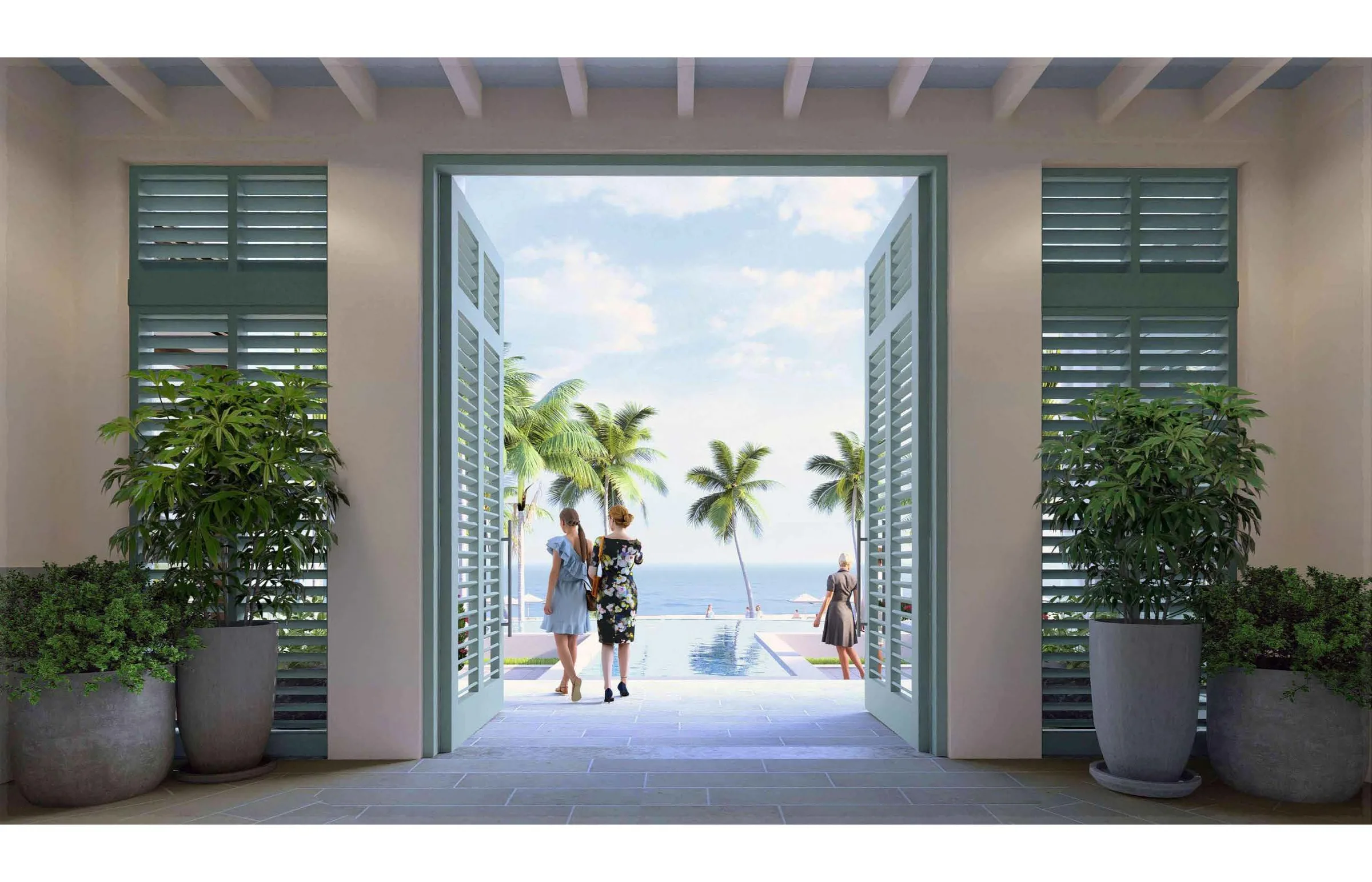 View from clubhouse through shutters to pool and Gulf, Port Royal Club (official rendering).