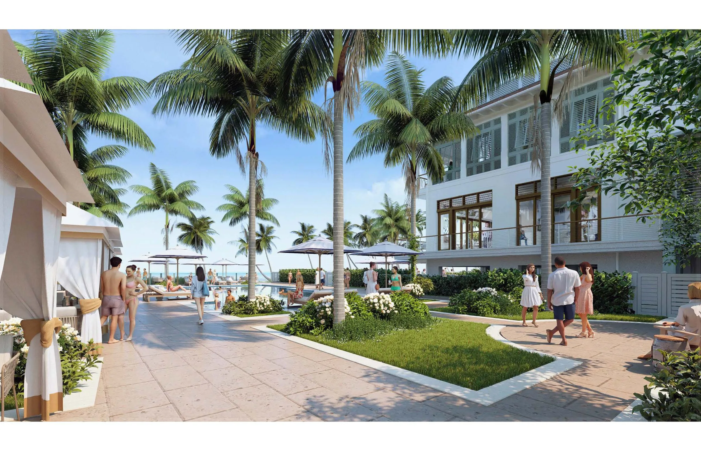 Pool deck cabanas and clubhouse rendering, Port Royal Club, Naples (official).