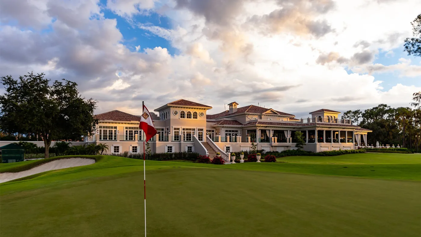 Clubhouse overlooking a green at The Club at Mediterra, Naples.