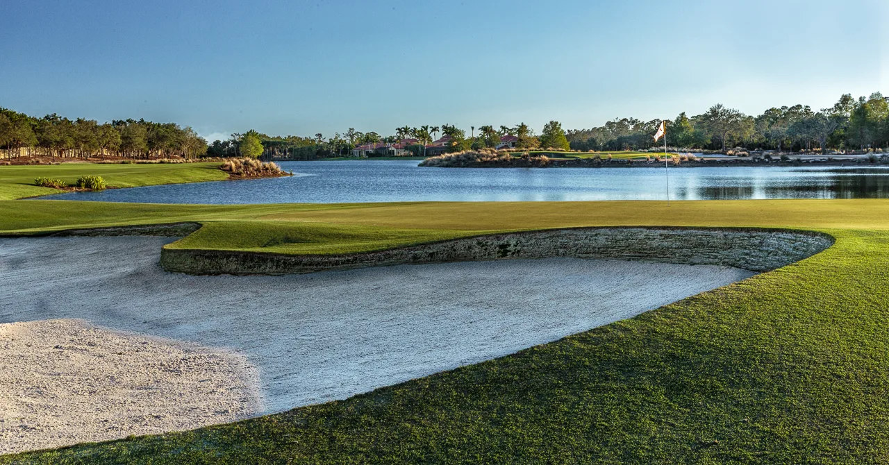 Bunkers and lake on the Gold Course at Tiburon Golf Club, Naples.