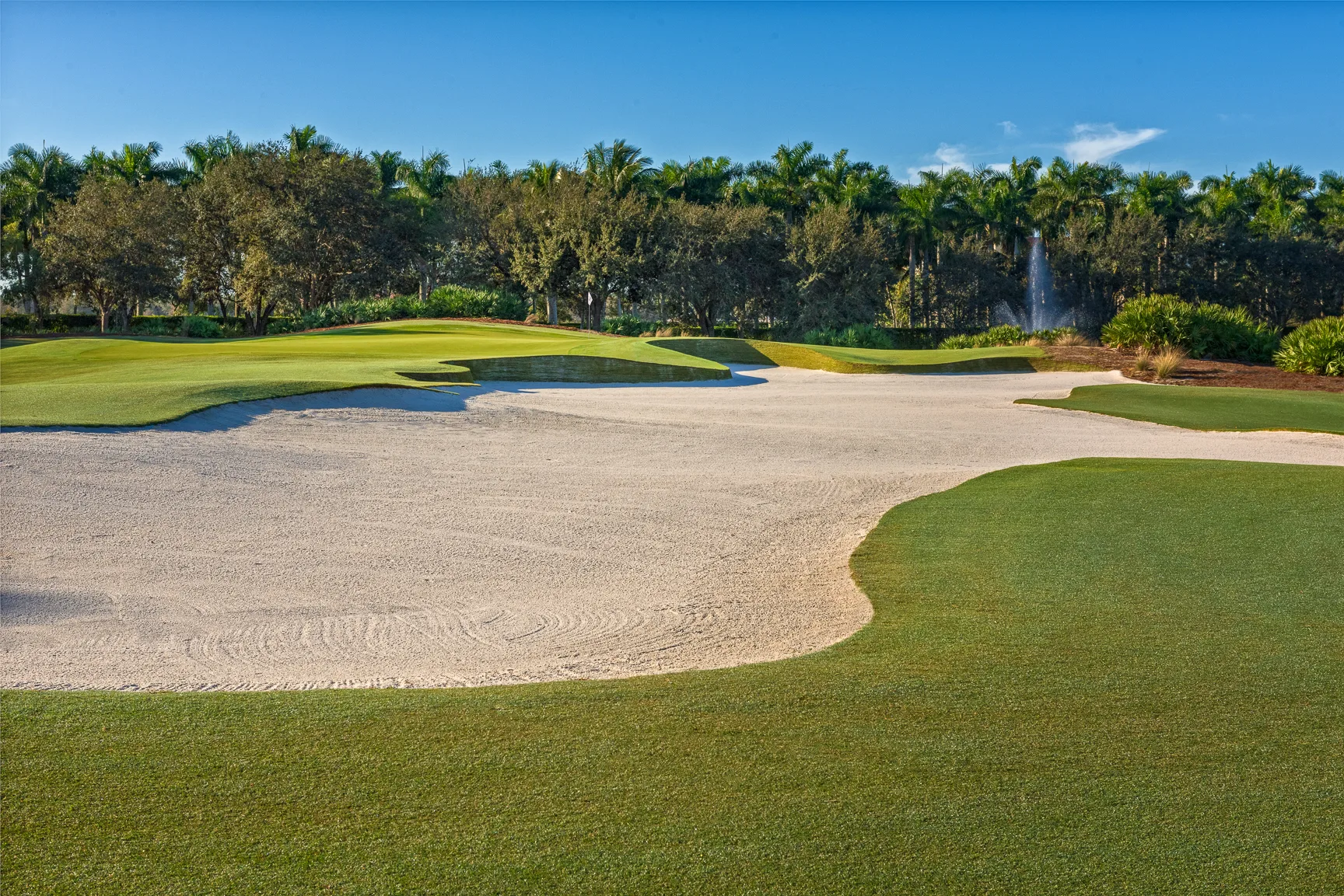 Sweeping bunker beside a green at Tiburon Golf Club, Naples.