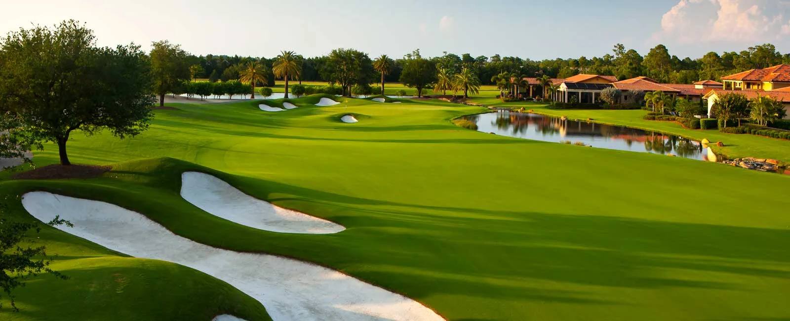 Fairway bunkers leading toward the clubhouse at Talis Park Golf Club, Naples.