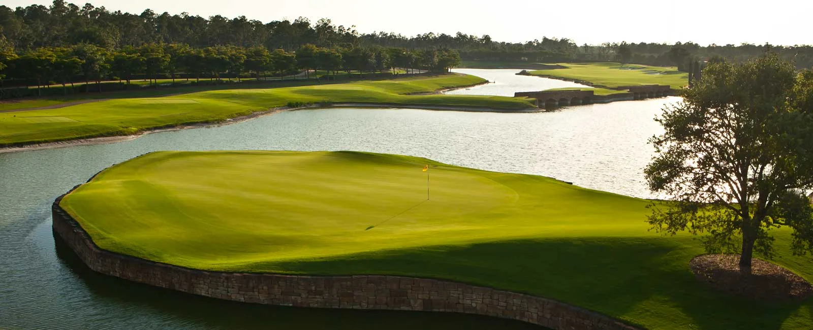 Green framed by water and oaks on the Talis Park golf course, Naples.