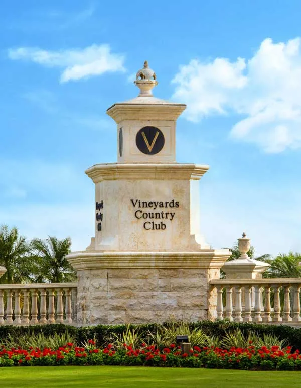 Clock tower at the front entrance of Vineyards Country Club, Naples.