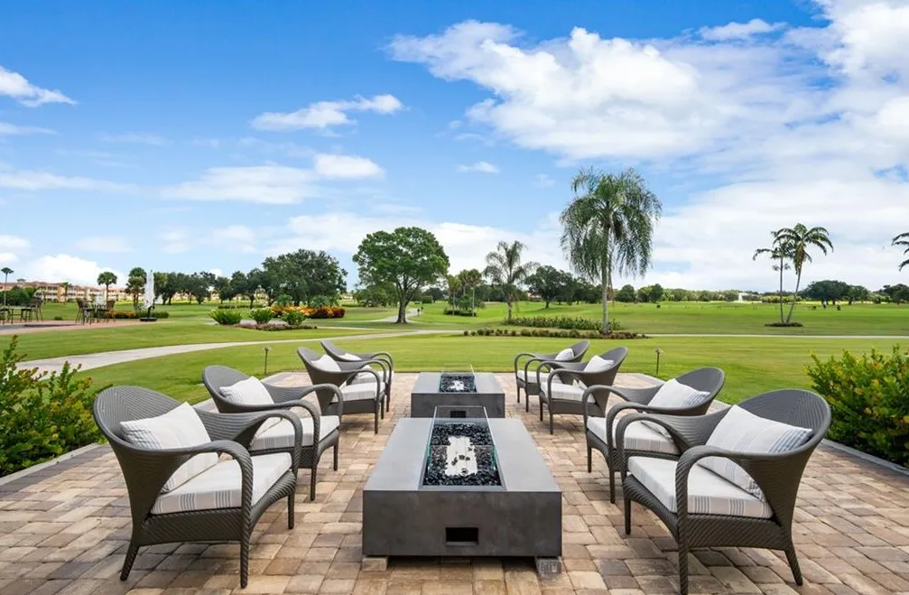 Fire pit terrace overlooking the golf course at Vineyards Country Club