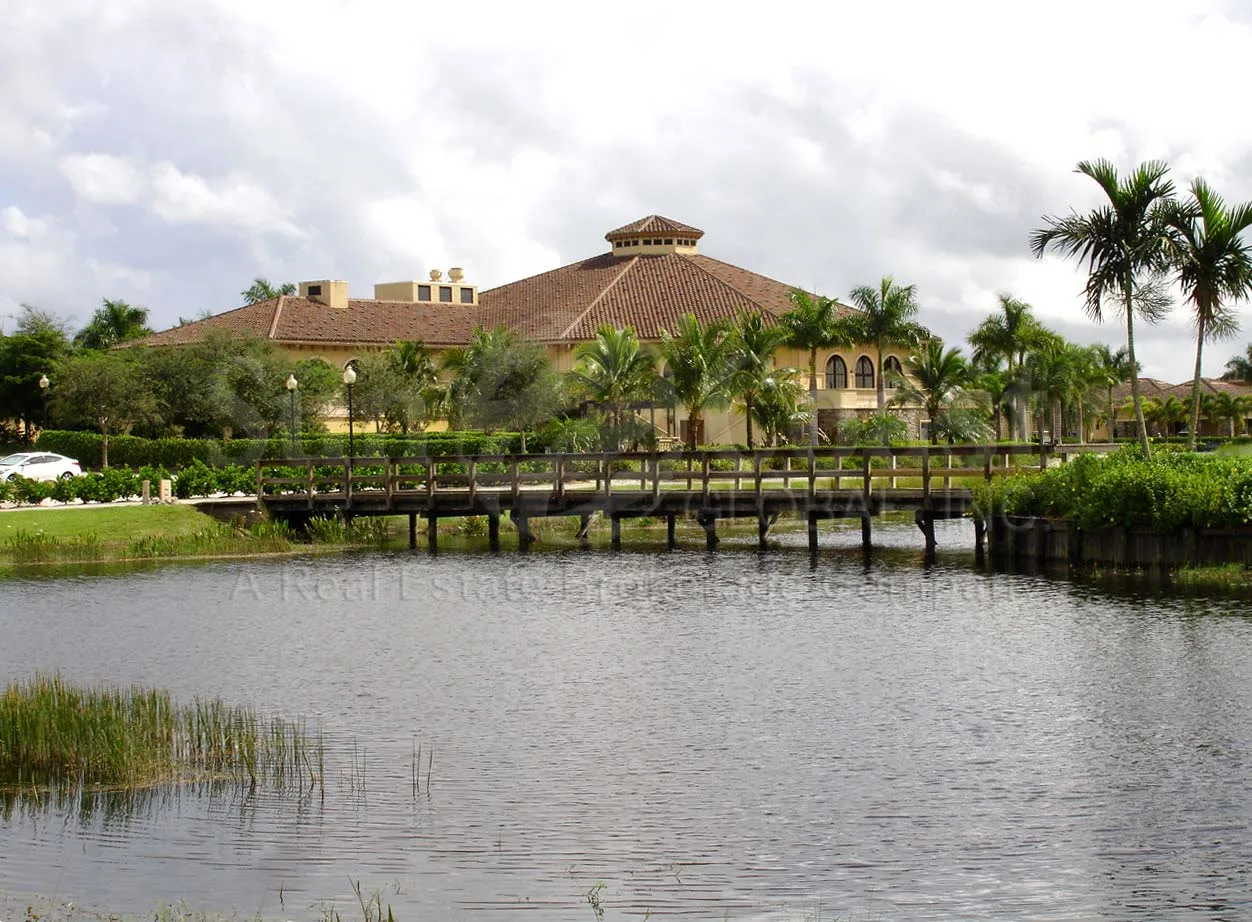 Heritage Bay clubhouse across the entry lakes