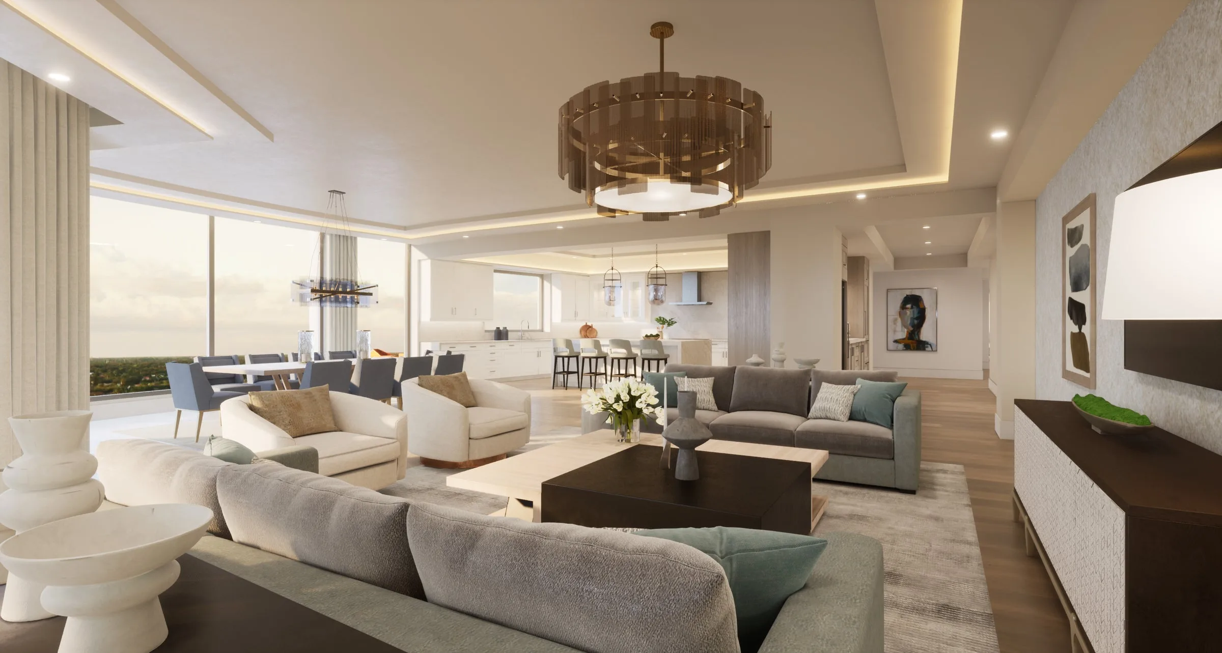 Open-concept living and dining rendering with landscape view, Ritz-Carlton Residences Naples (official).
