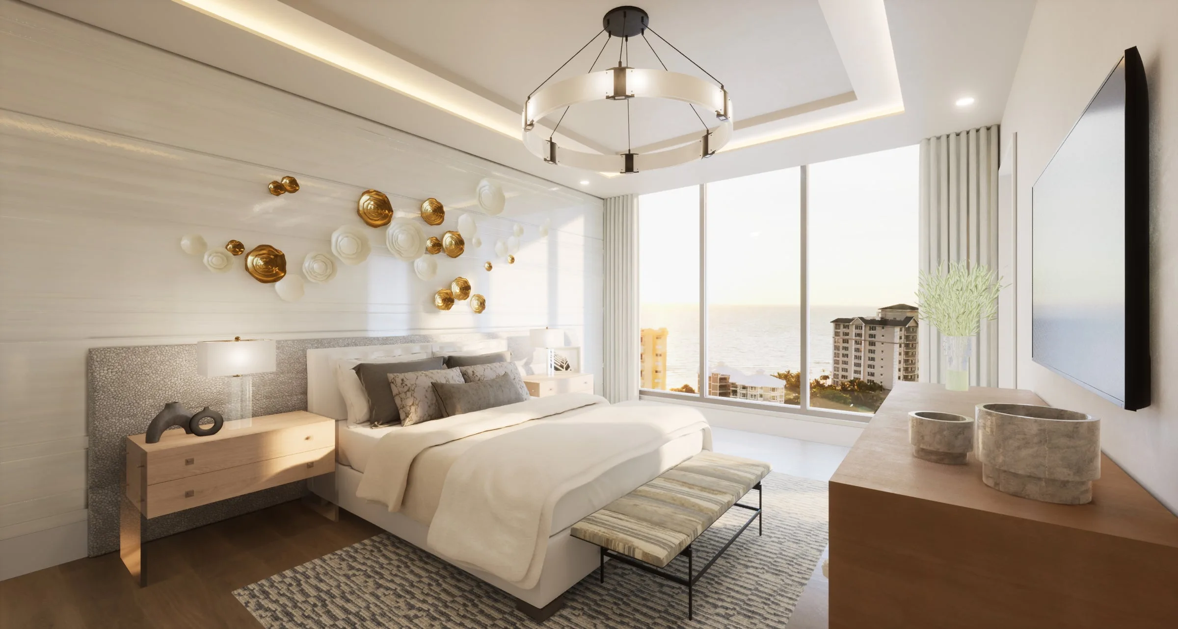 Primary bedroom with coastal sunset view rendering, Ritz-Carlton Residences Naples (official).