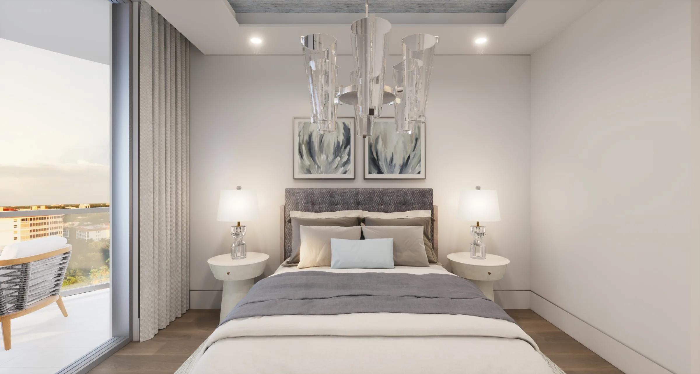 Bedroom with balcony rendering, The Ritz-Carlton Residences Naples (official).