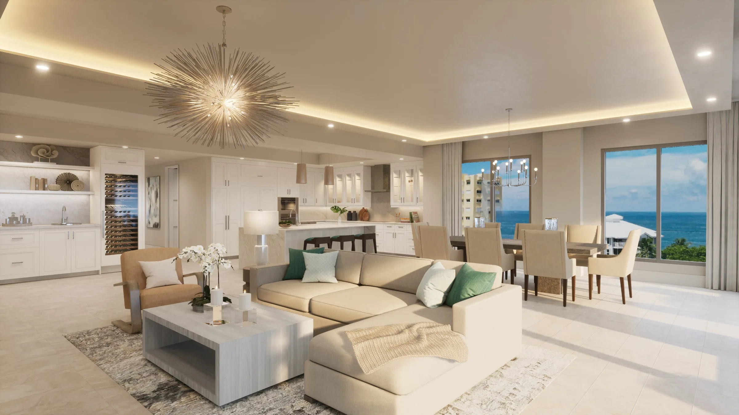 Living room with Gulf view rendering, The Ritz-Carlton Residences Naples (official developer gallery).