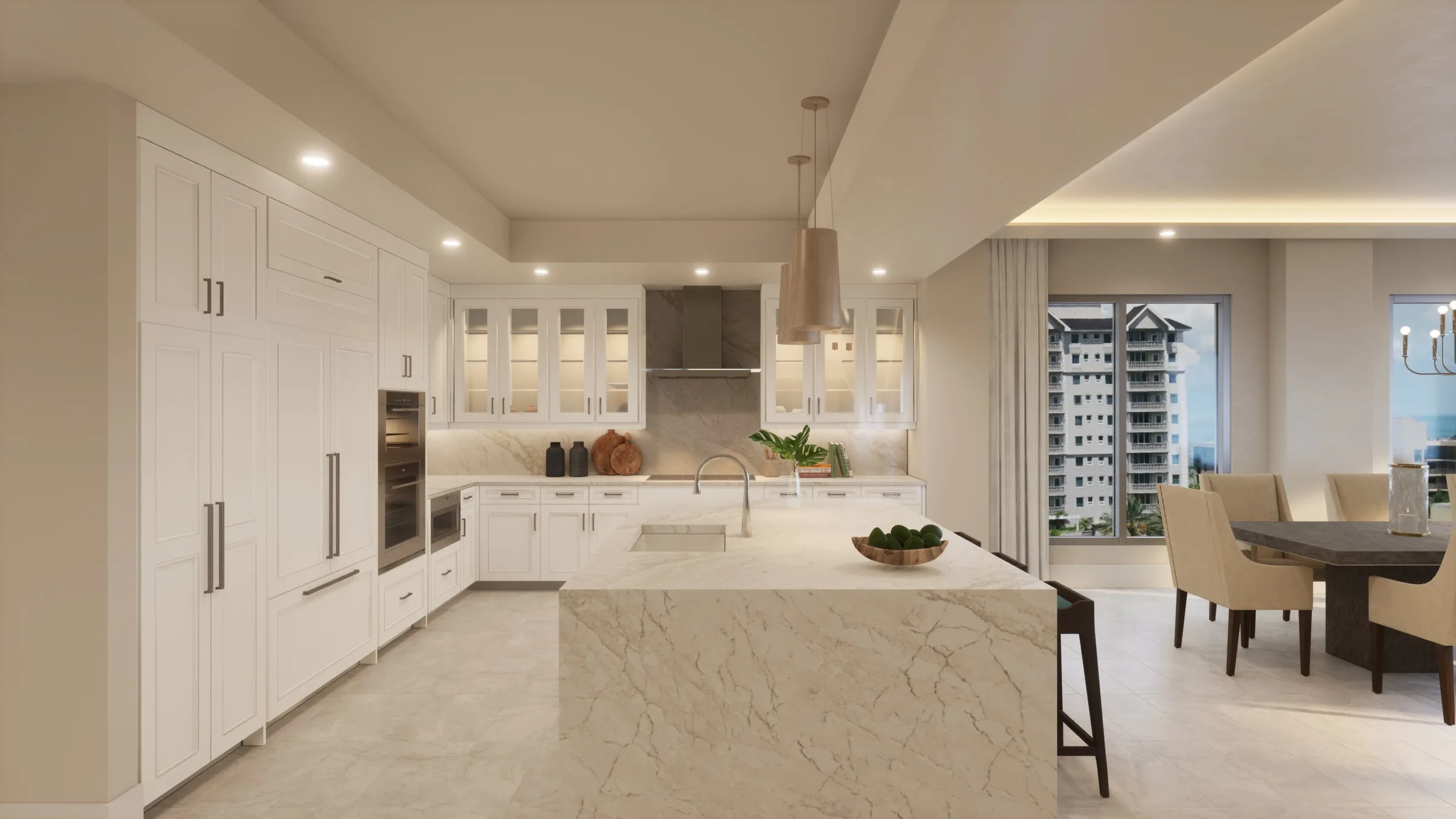 Gourmet kitchen and island rendering, The Ritz-Carlton Residences Naples (official developer).