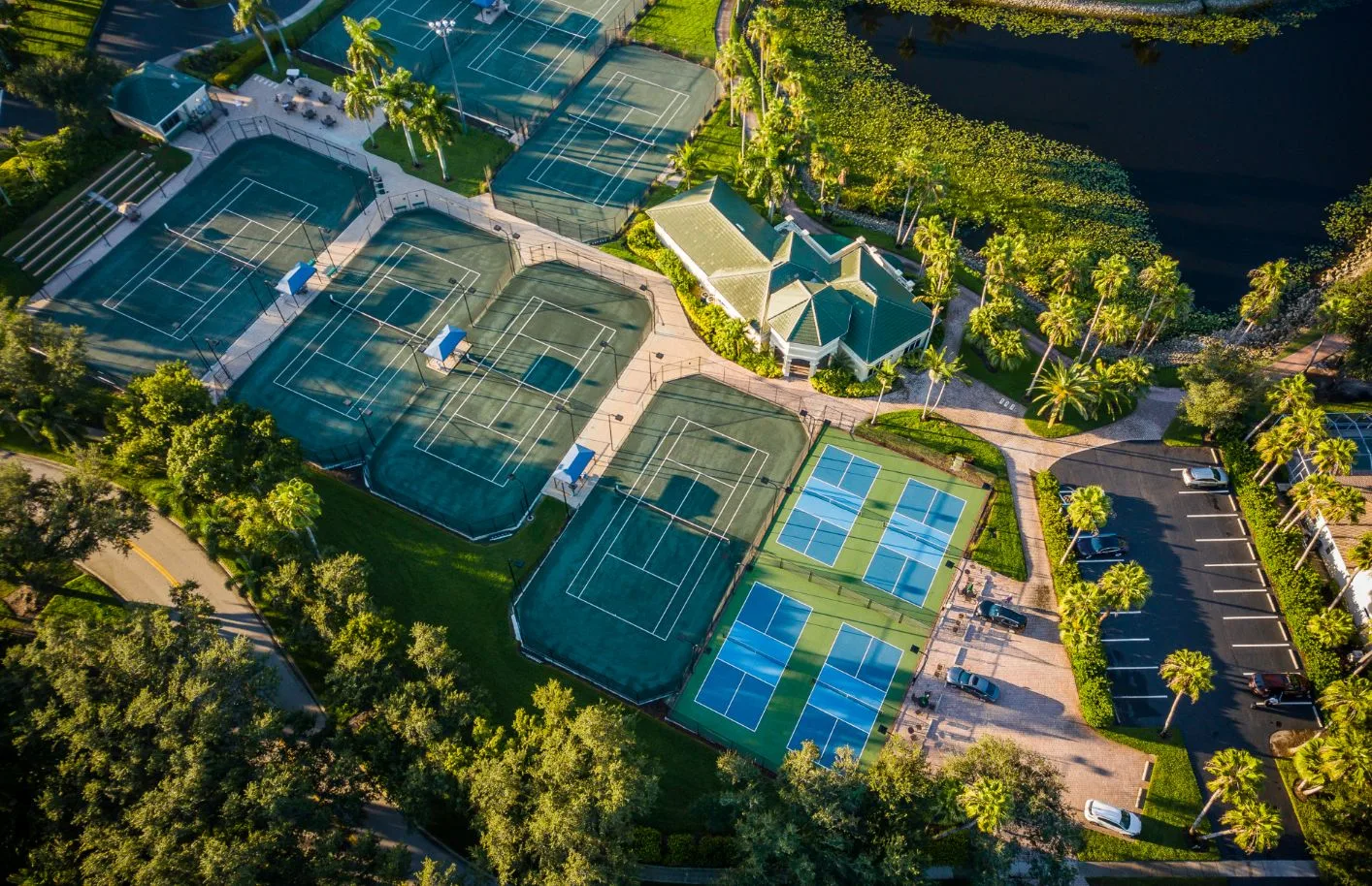 Aerial view of the tennis and pickleball courts at Kensington Golf and Country Club, Naples.