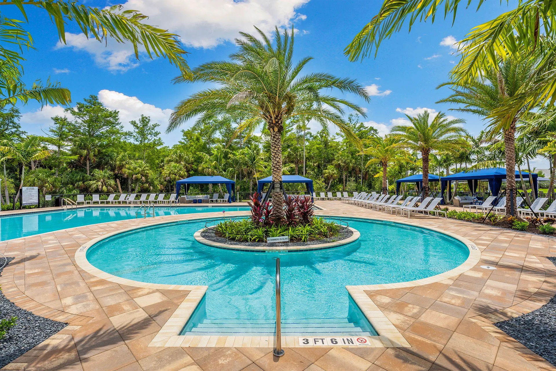 Resort-style pool with palm island at the Valencia Trails clubhouse, Naples.