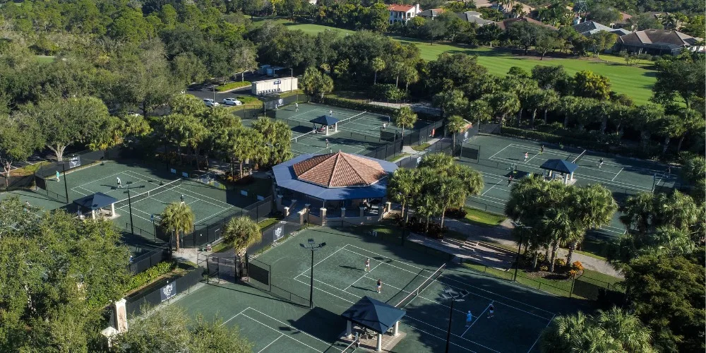 Aerial of The Net tennis courts at West Bay Club.