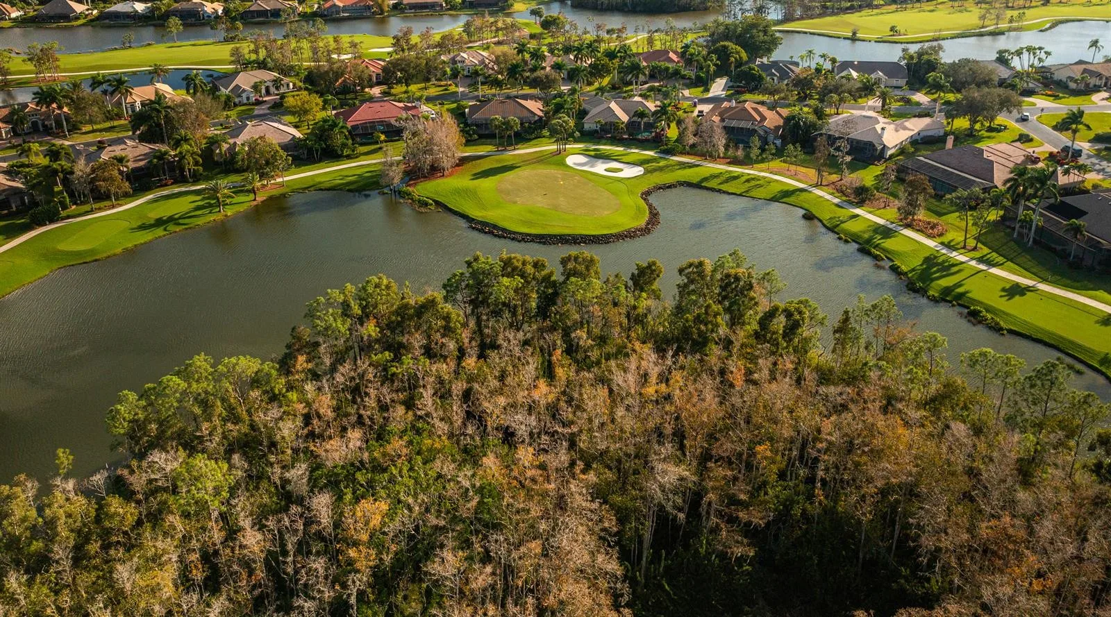 Aerial green bunker and lake with homes at Wildcat Run (official club site).