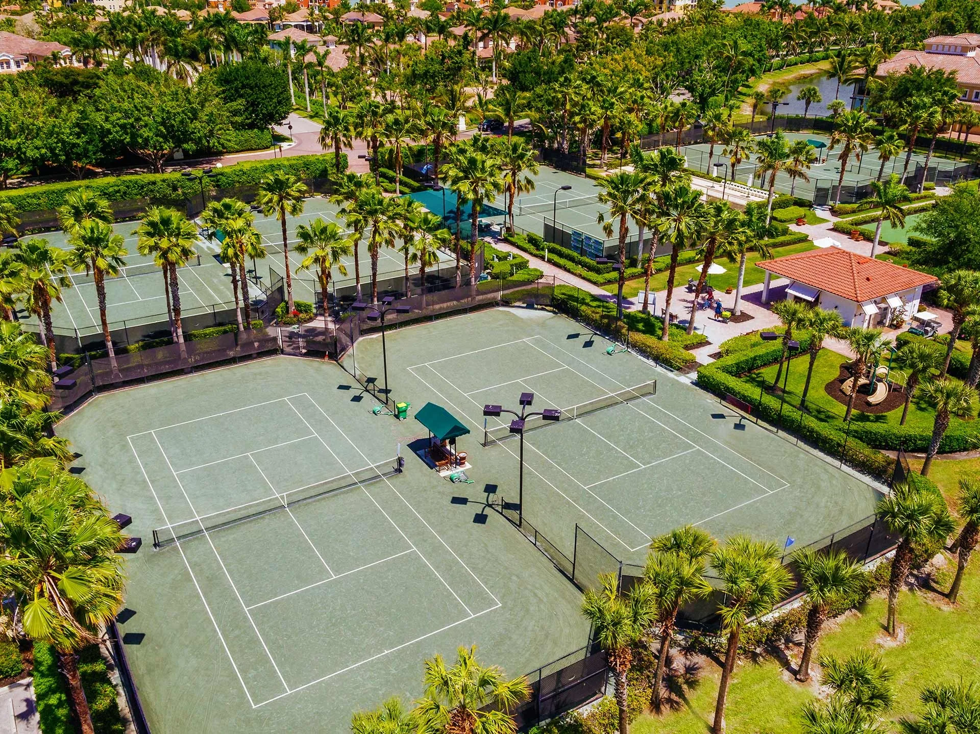 Aerial view of the racquet club tennis courts.