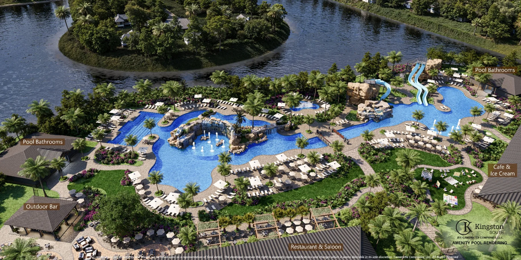 Resort-style pool complex at Kingston South (builder rendering).