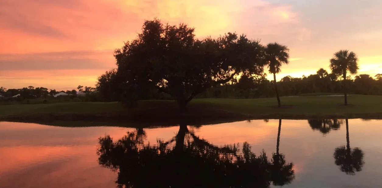Sunset lake and golf landscape at The Vines Estero Country Club (official association).