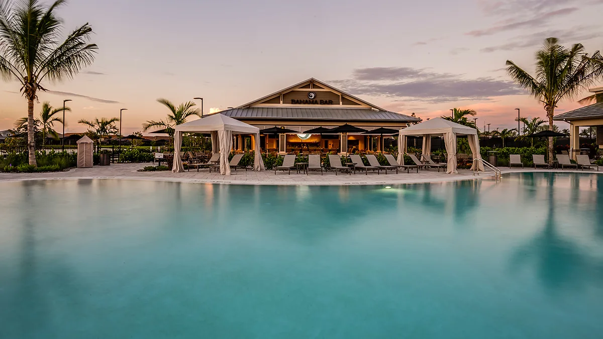 Bahama Bar and pool at dusk, Esplanade by the Islands, Naples.