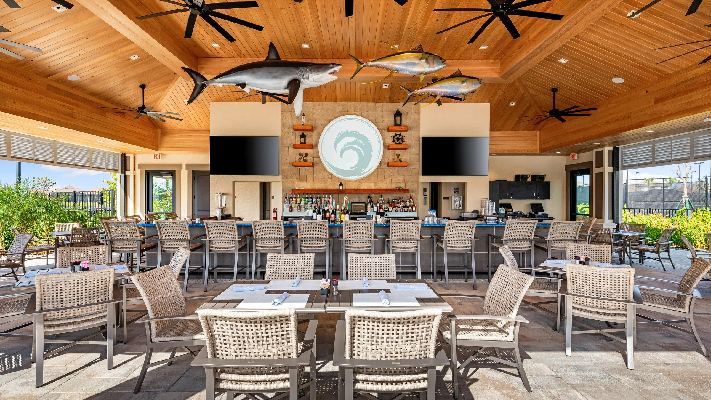 Covered seating at the Bahama Bar at Esplanade by the Islands, Naples.