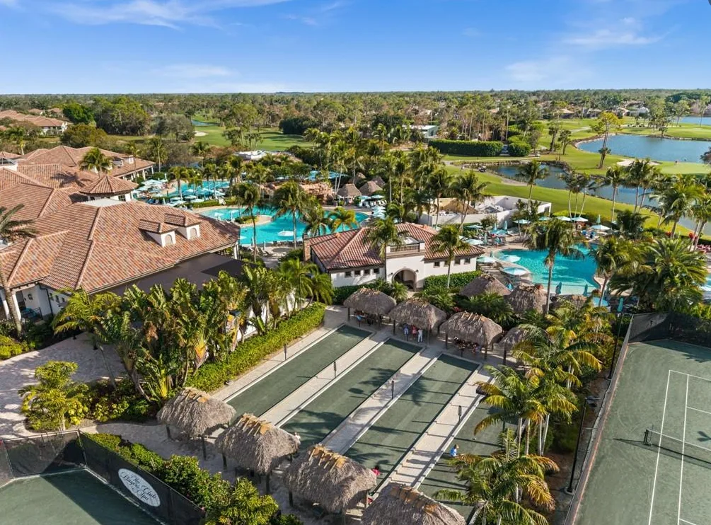 The Players Club & Spa bocce courts, pools and clubhouse, part of Lely Resort's optional club membership