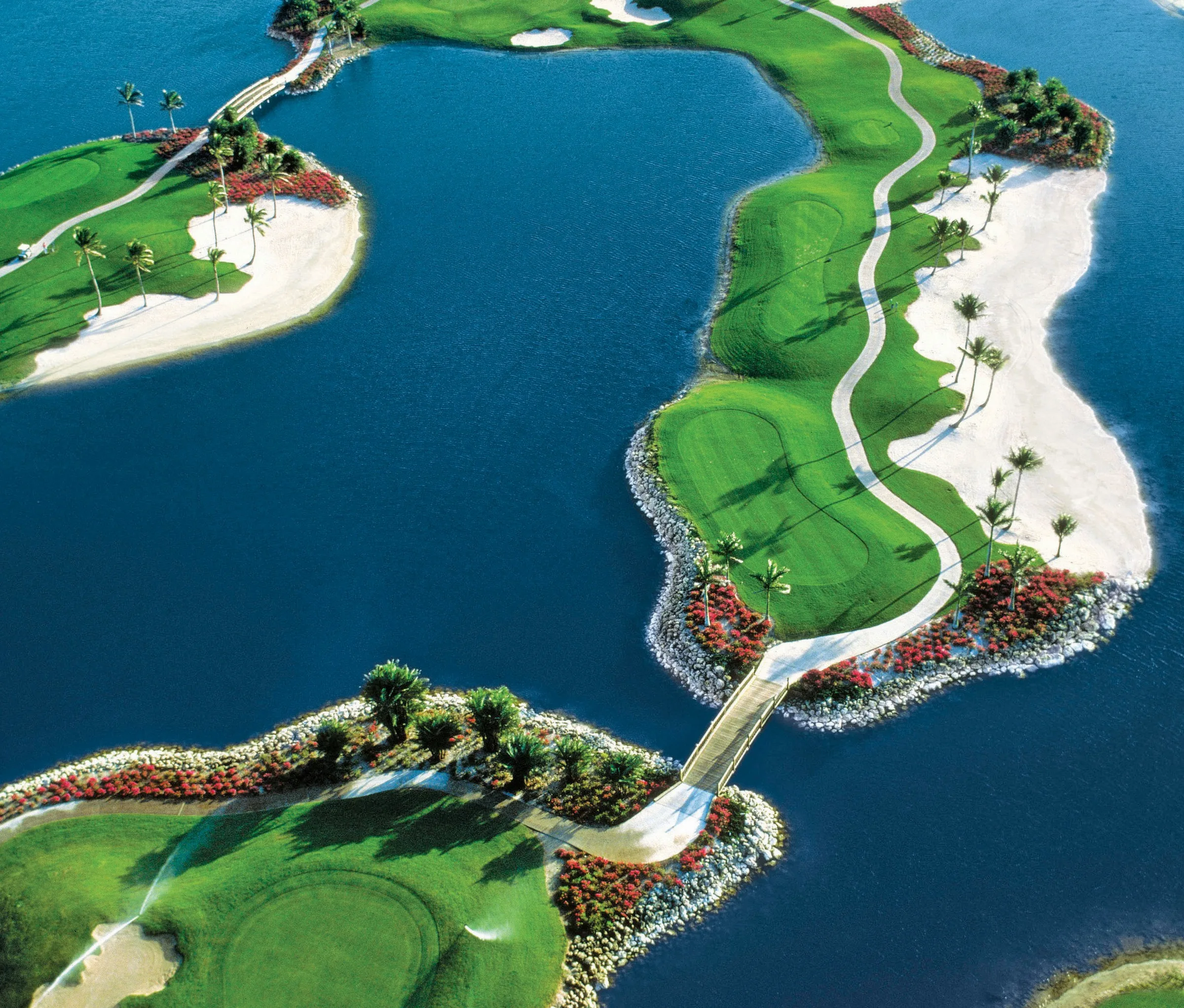 Aerial view of an island green on the Flamingo Island course at Lely Resort, Naples.