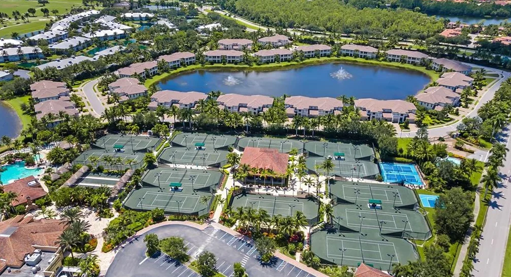 The Players Club & Spa tennis center from above, part of Lely Resort's optional club membership
