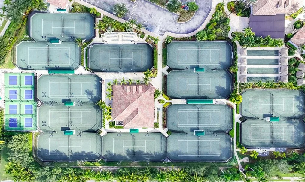 The Players Club & Spa tennis complex from above, part of Lely Resort's optional club membership