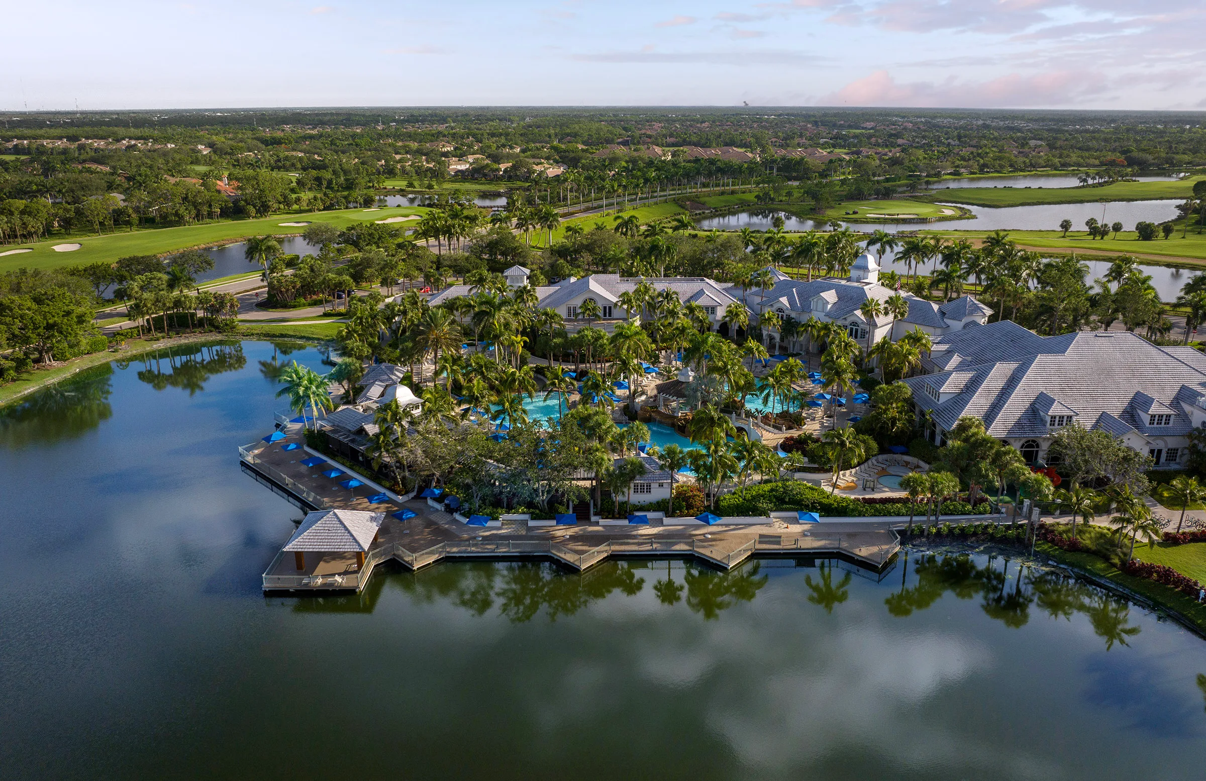 Aerial view of the Fiddler's Creek Club and Spa from across the lake, Naples.