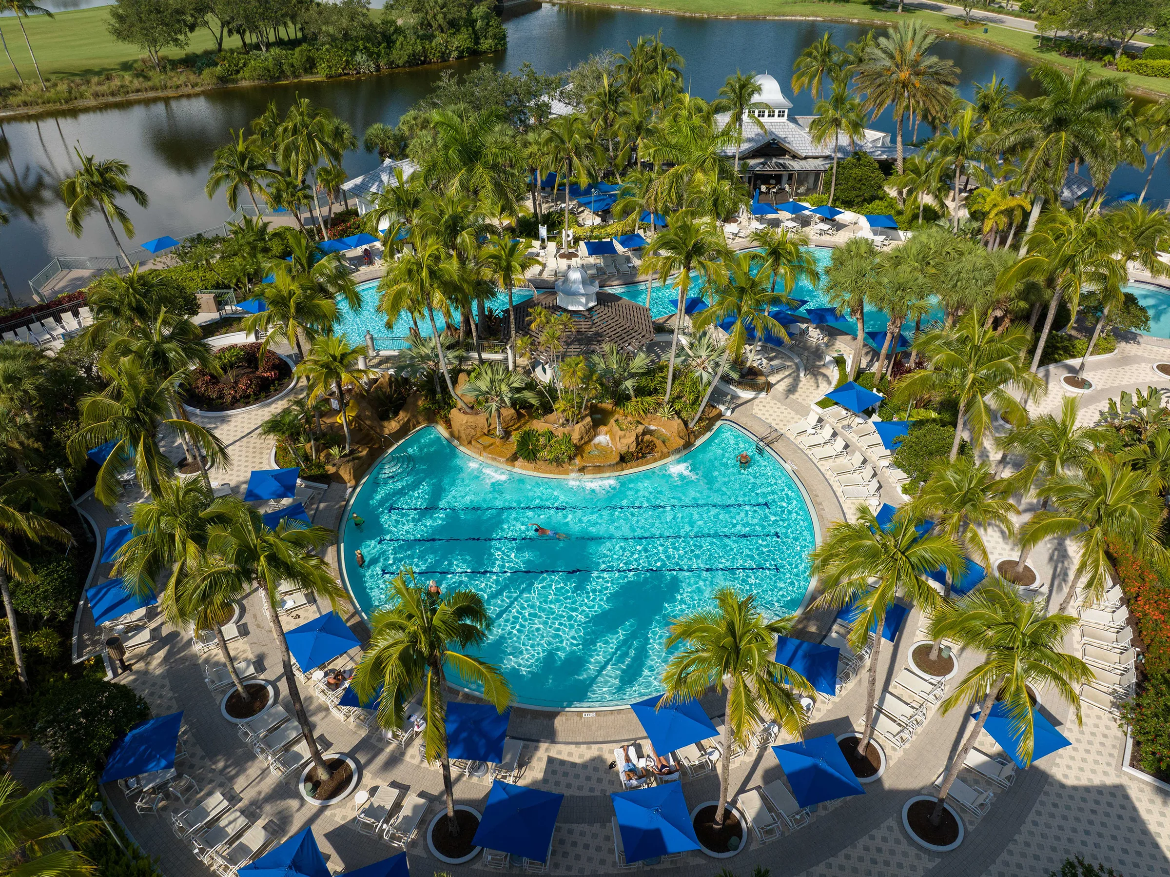 Aerial view of the resort-style pool and cabanas at the Fiddler's Creek Club and Spa, Naples.