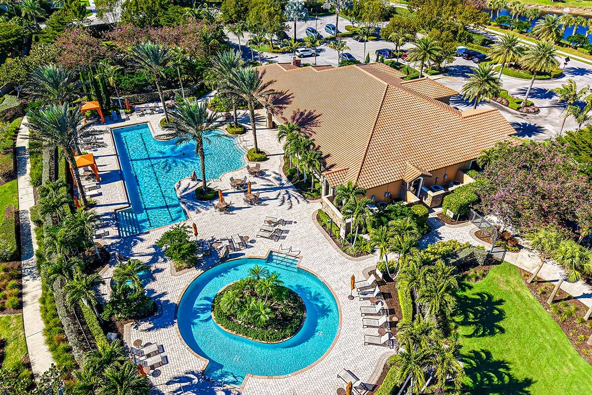 Resort pool and clubhouse aerial at Esplanade at Hacienda Lakes (official HOA).