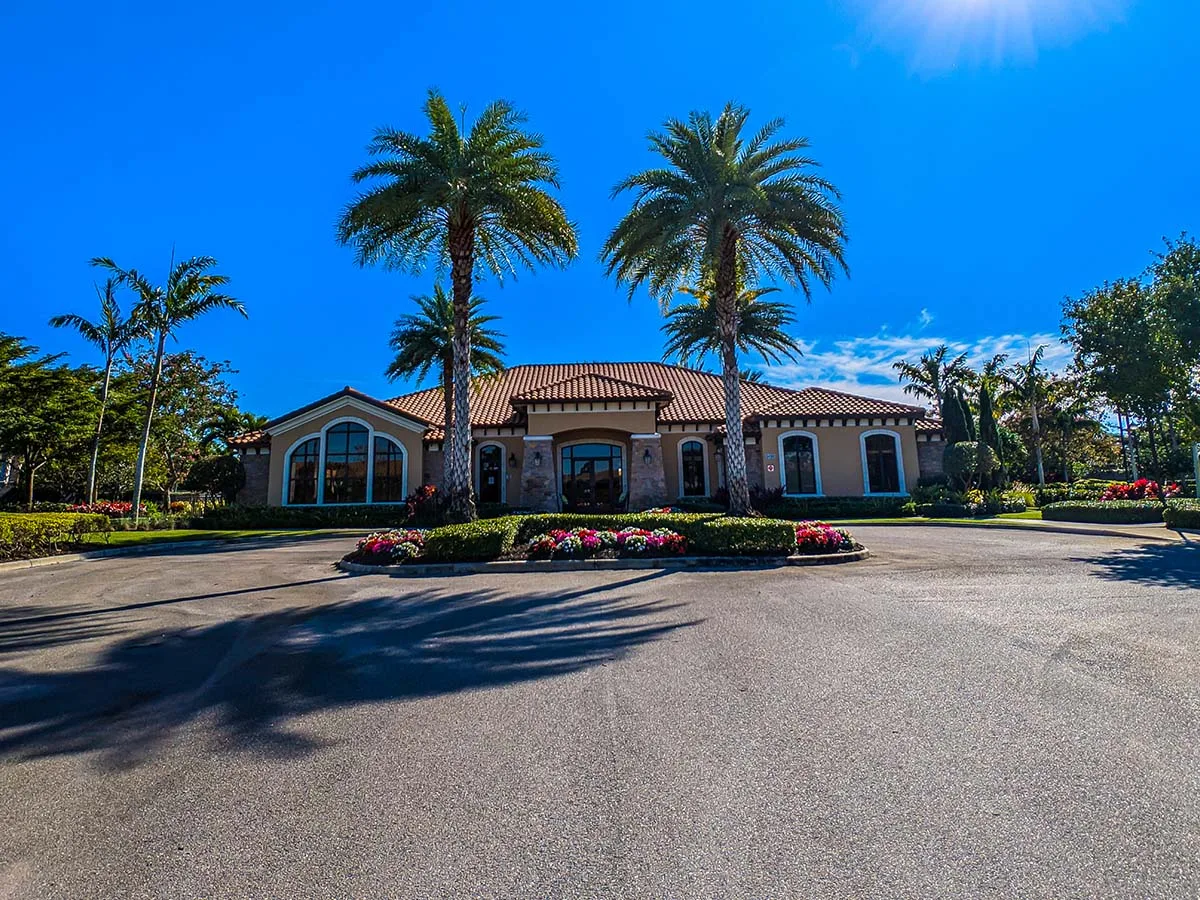 Clubhouse arrival circle at Esplanade at Hacienda Lakes (official HOA site).