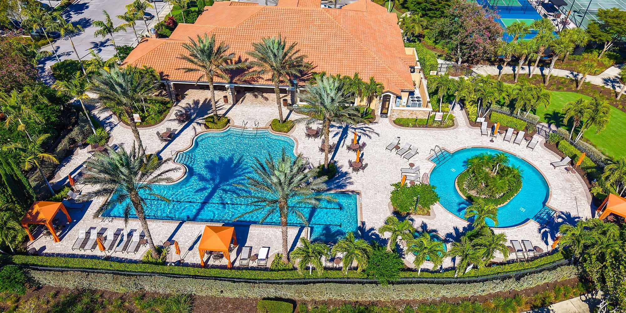 Aerial view of the pool complex at Esplanade at Hacienda Lakes, Naples.