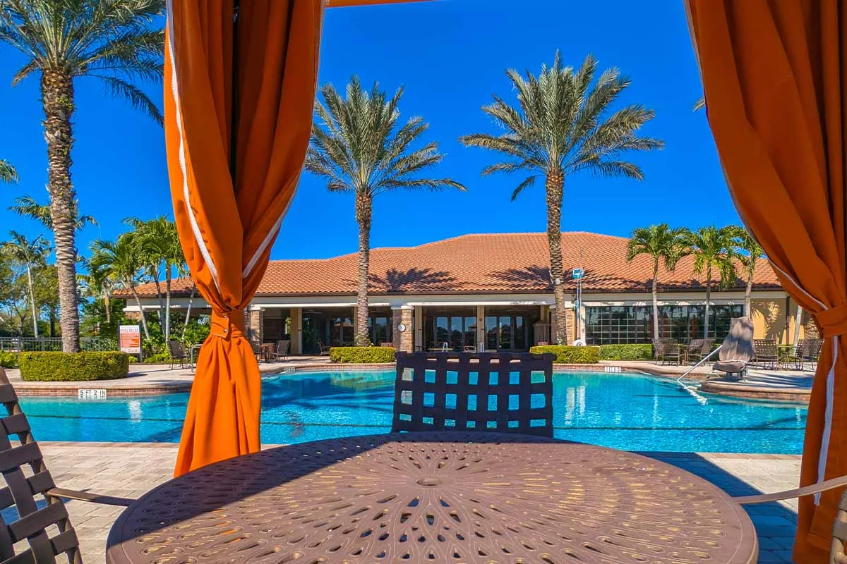 Pool deck looking toward the clubhouse at Esplanade at Hacienda Lakes (official HOA).
